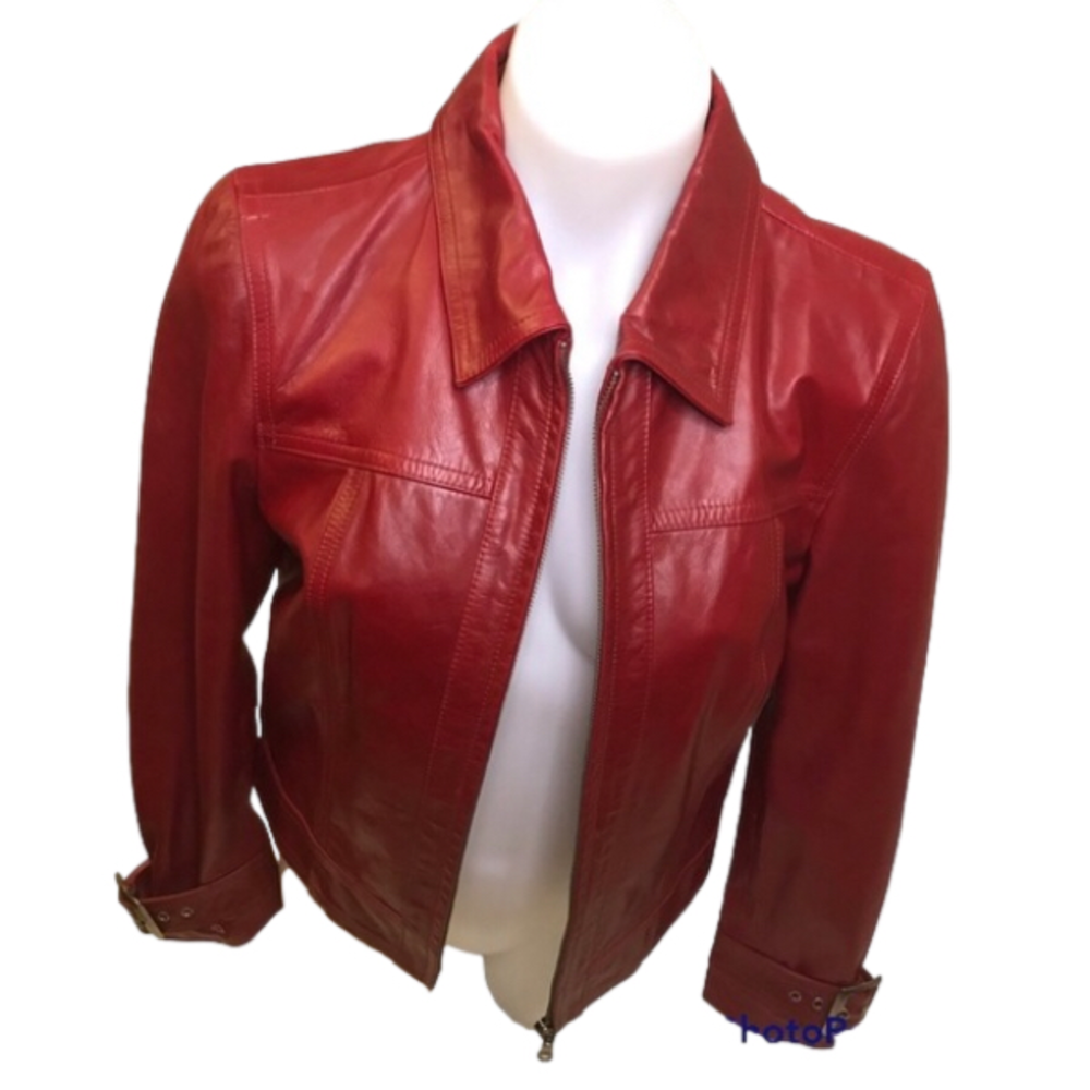 NEW Caslon Red Leather Bomber Style Jacket size Medium Petite